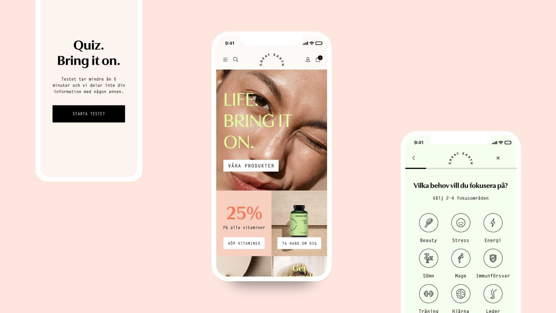 Great Earth's mobile site: product quiz, home page and a needs selection screen