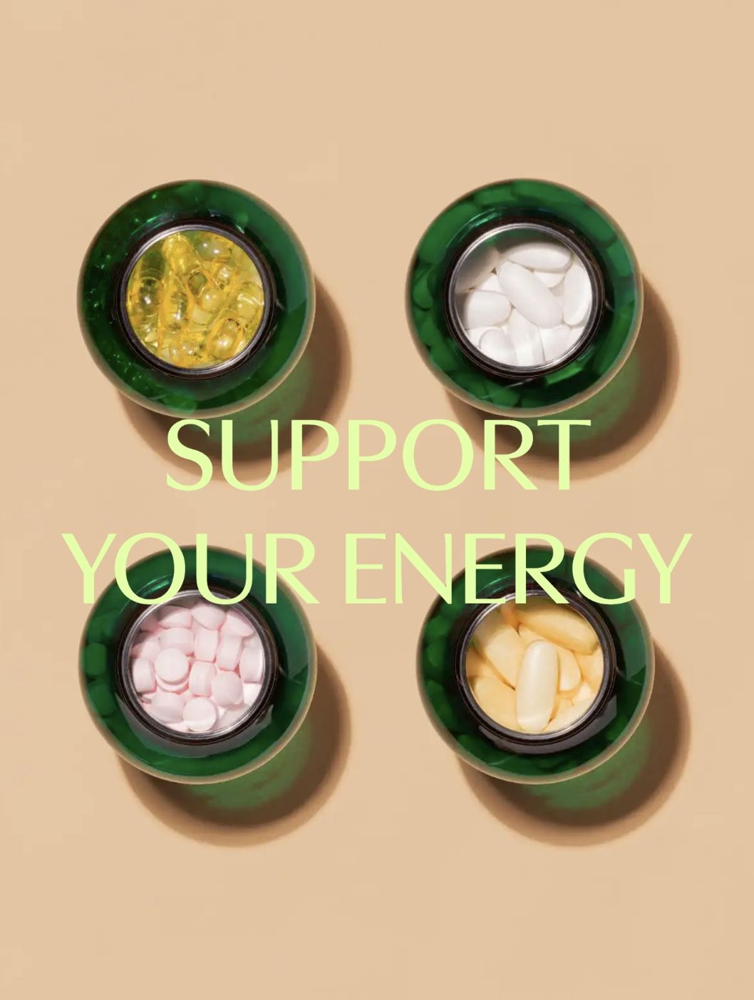 Four open Great Earth jars with capsules and tablets under the slogan "Support your energy"