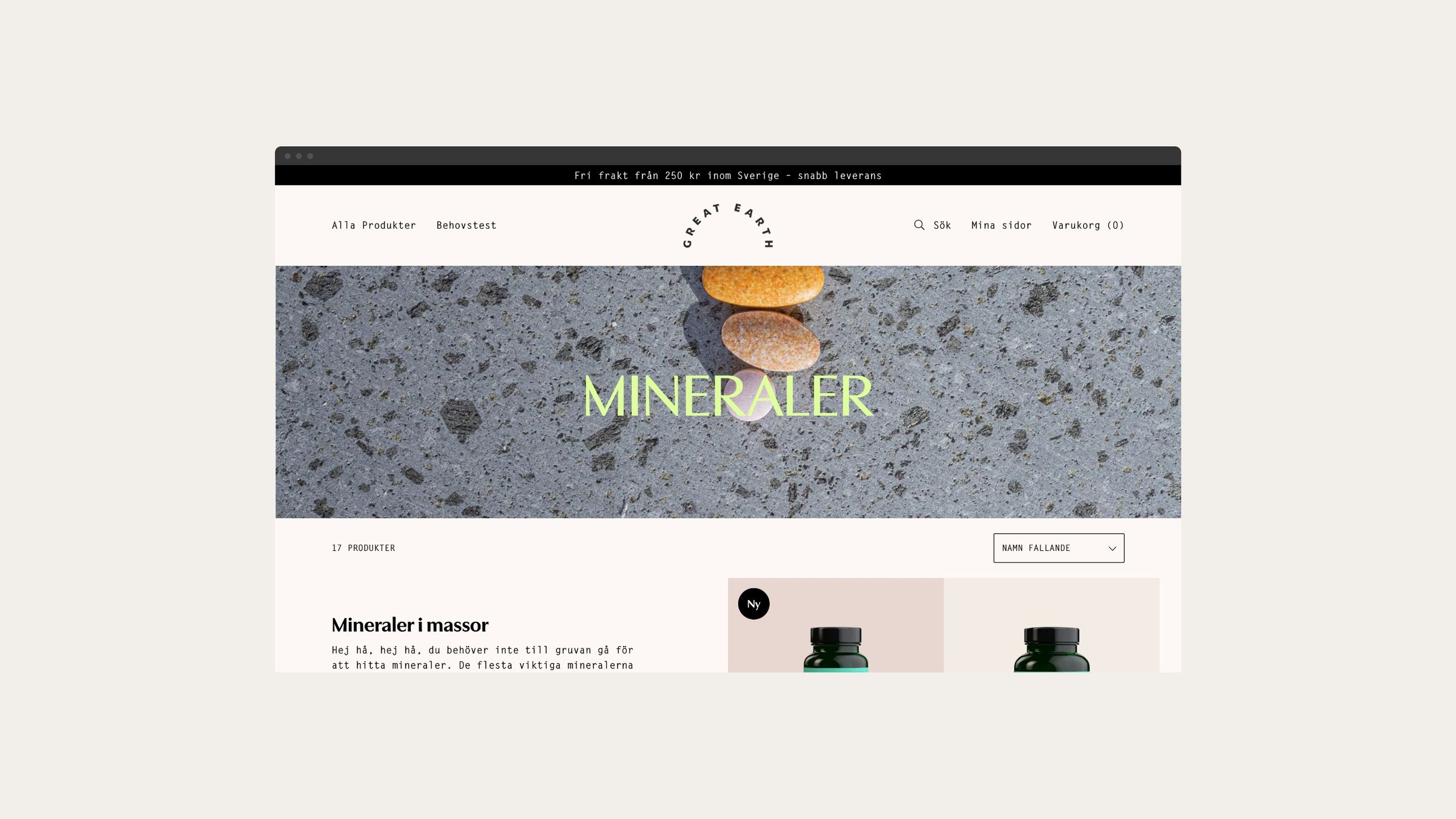 Great Earth category page for minerals on desktop