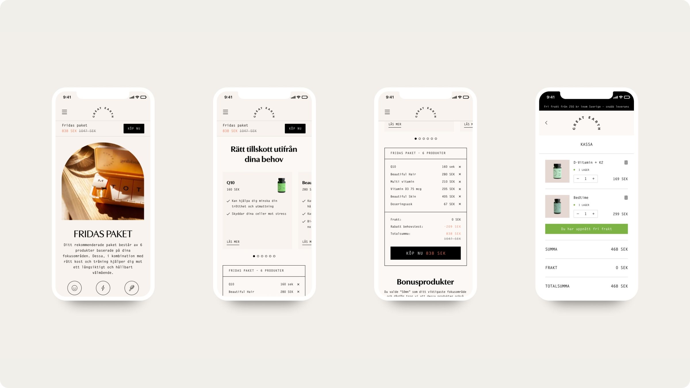 Great Earth mobile screens showing a product bundle, recommendations and the cart