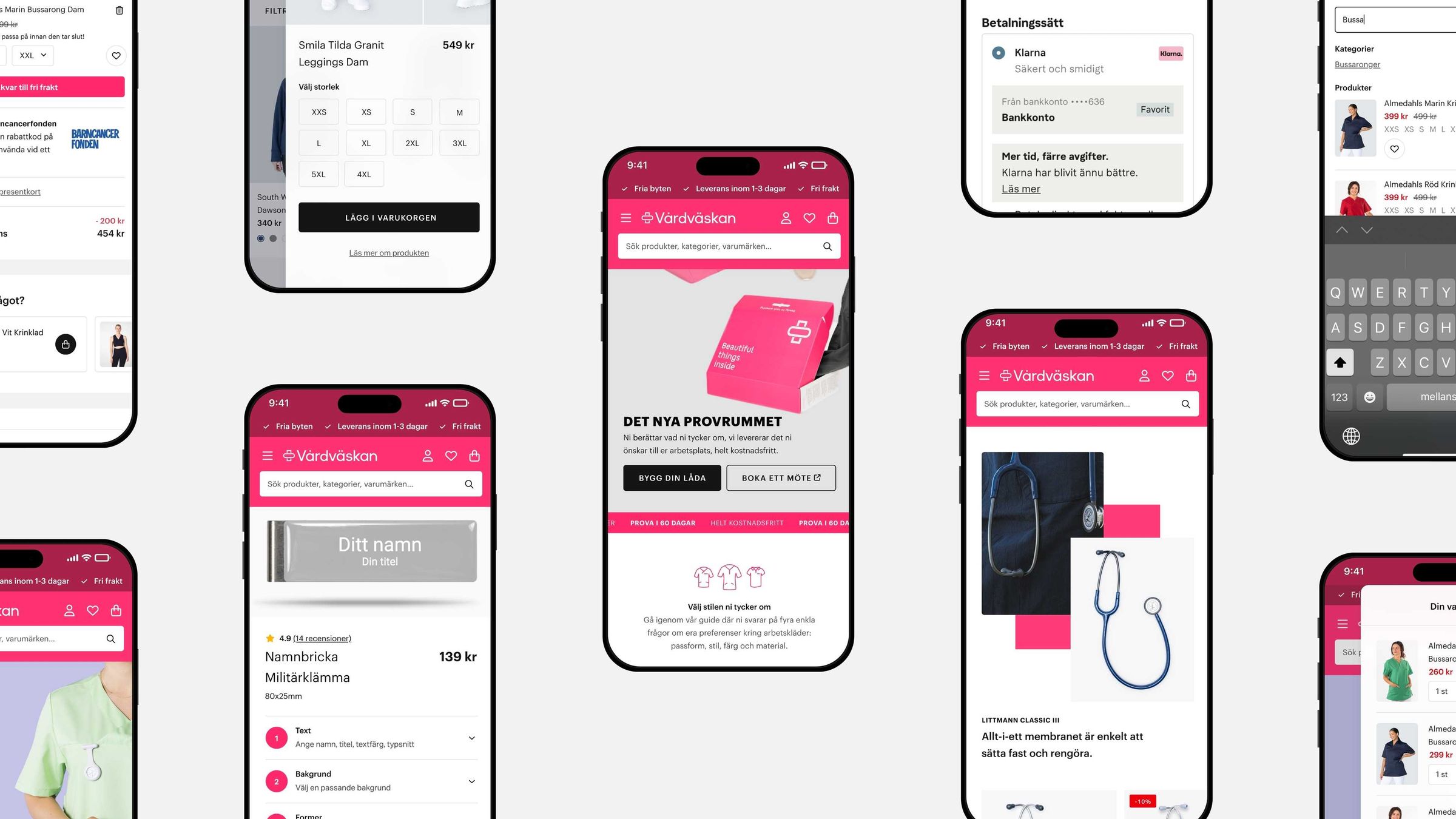Vårdväskan's online store on several mobile screens: product pages, campaign, category and checkout