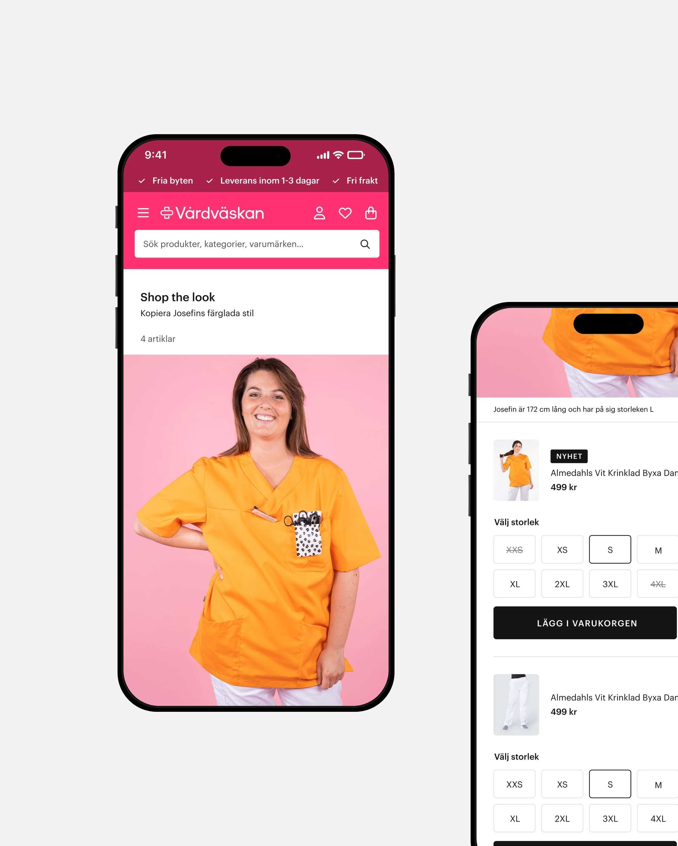 Vårdväskan "Shop the look" and product page on mobile