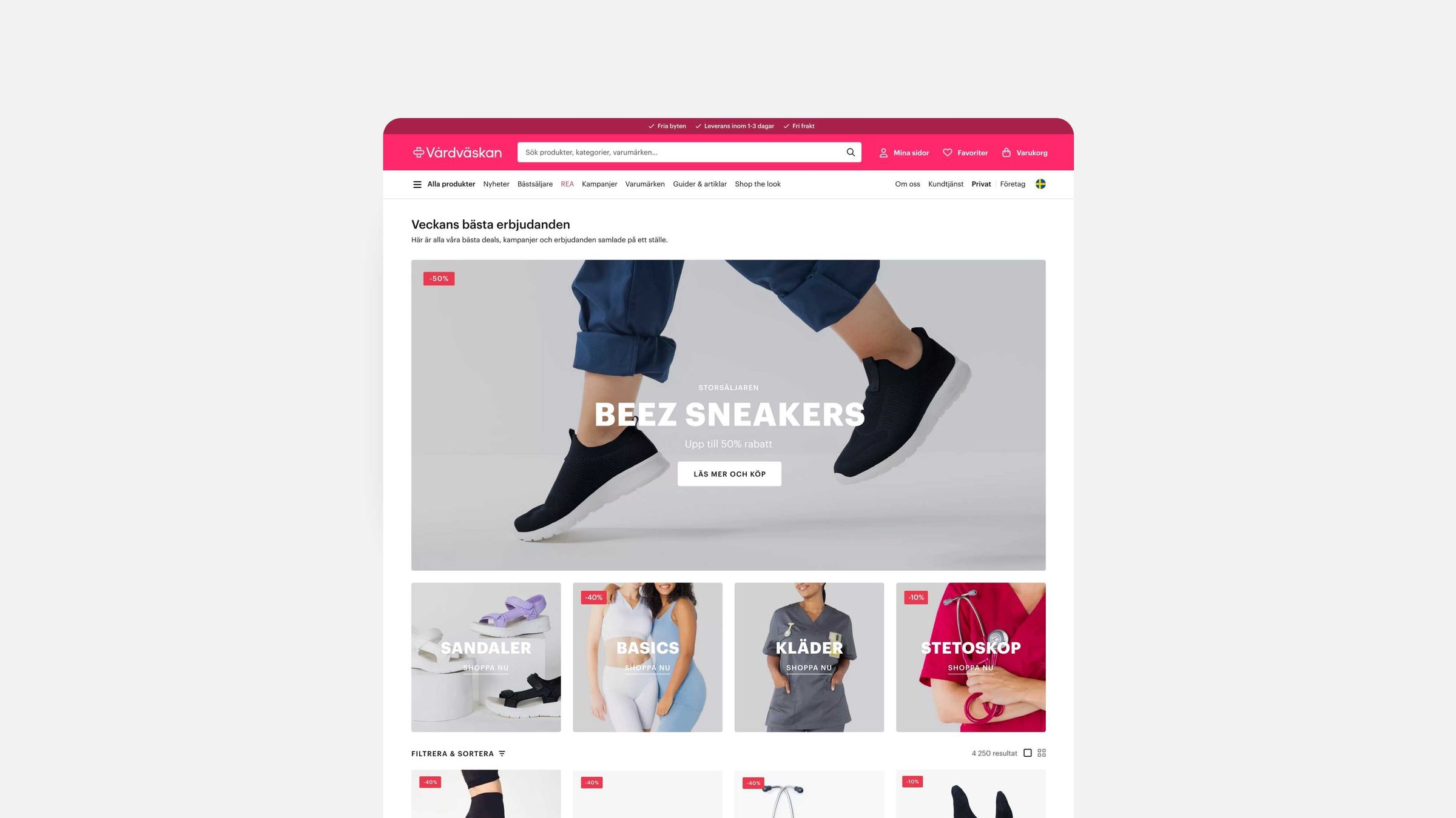 Vårdväskan's campaign page on desktop with sneakers, sandals and workwear