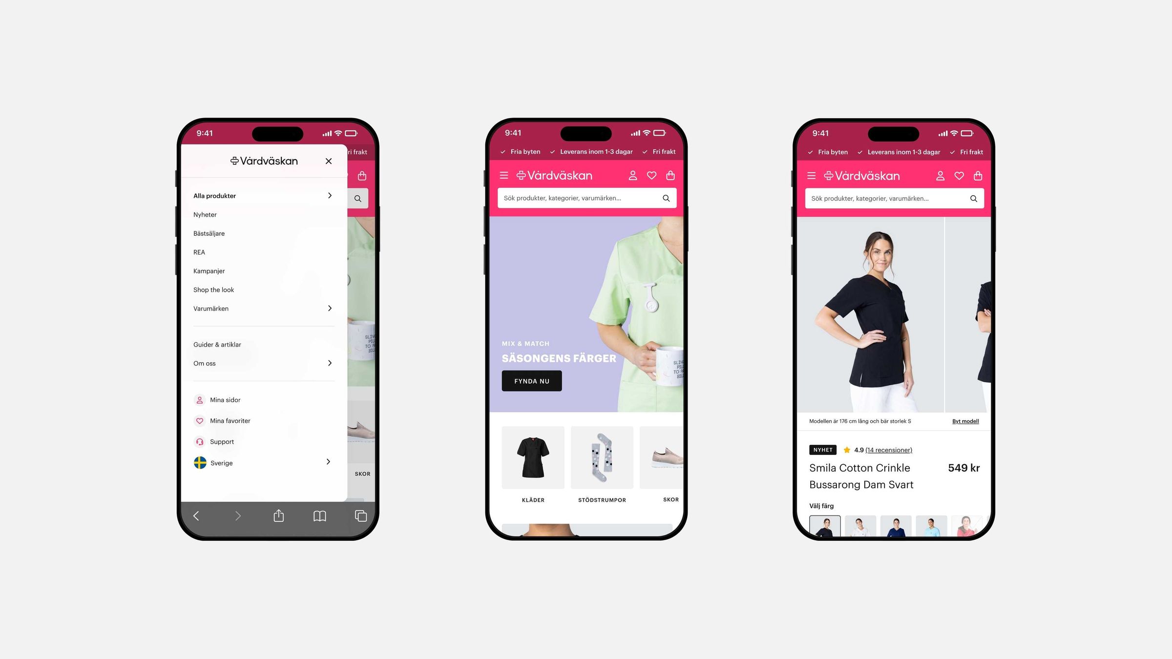 Vårdväskan on mobile: menu, start page and product page