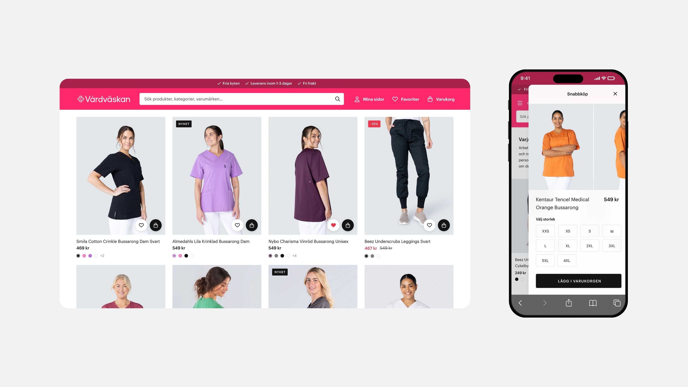 Vårdväskan product listing on desktop and size selection on mobile