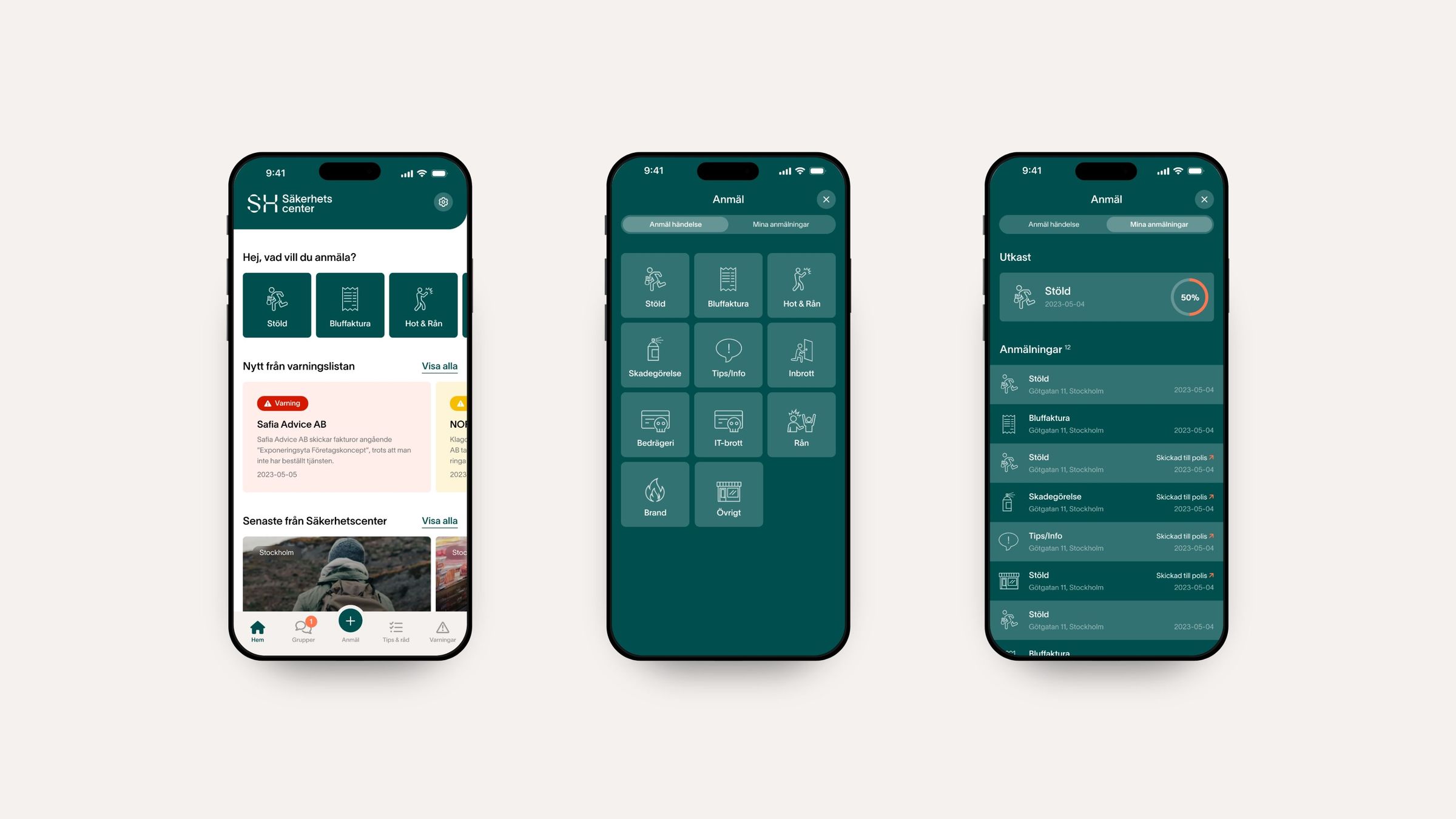 Svensk Handel's Säkerhetscenter app: start page, incident report and report list