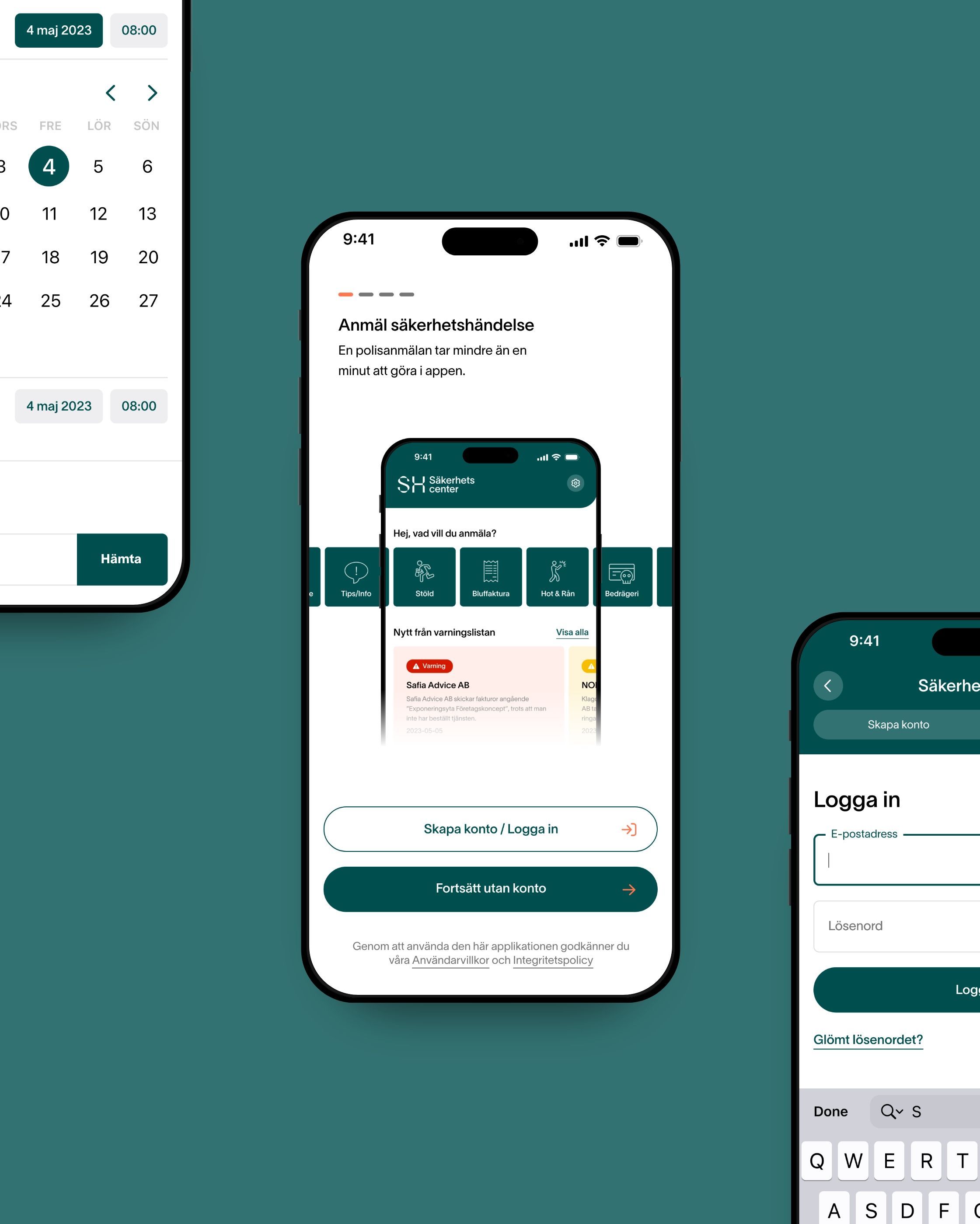 Säkerhetscenter app onboarding, date picker and login screens