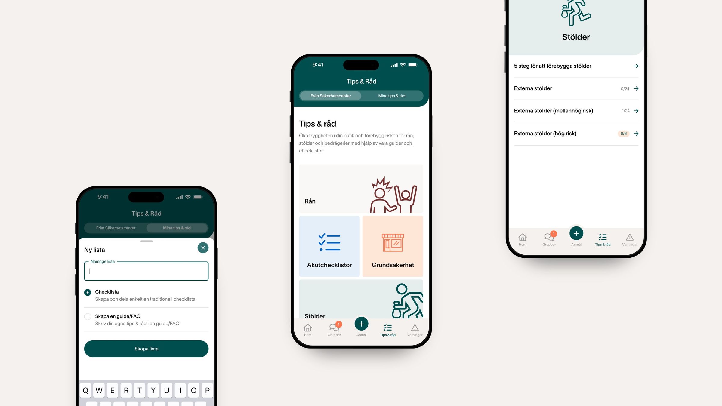 Säkerhetscenter app tips and advice section with checklists