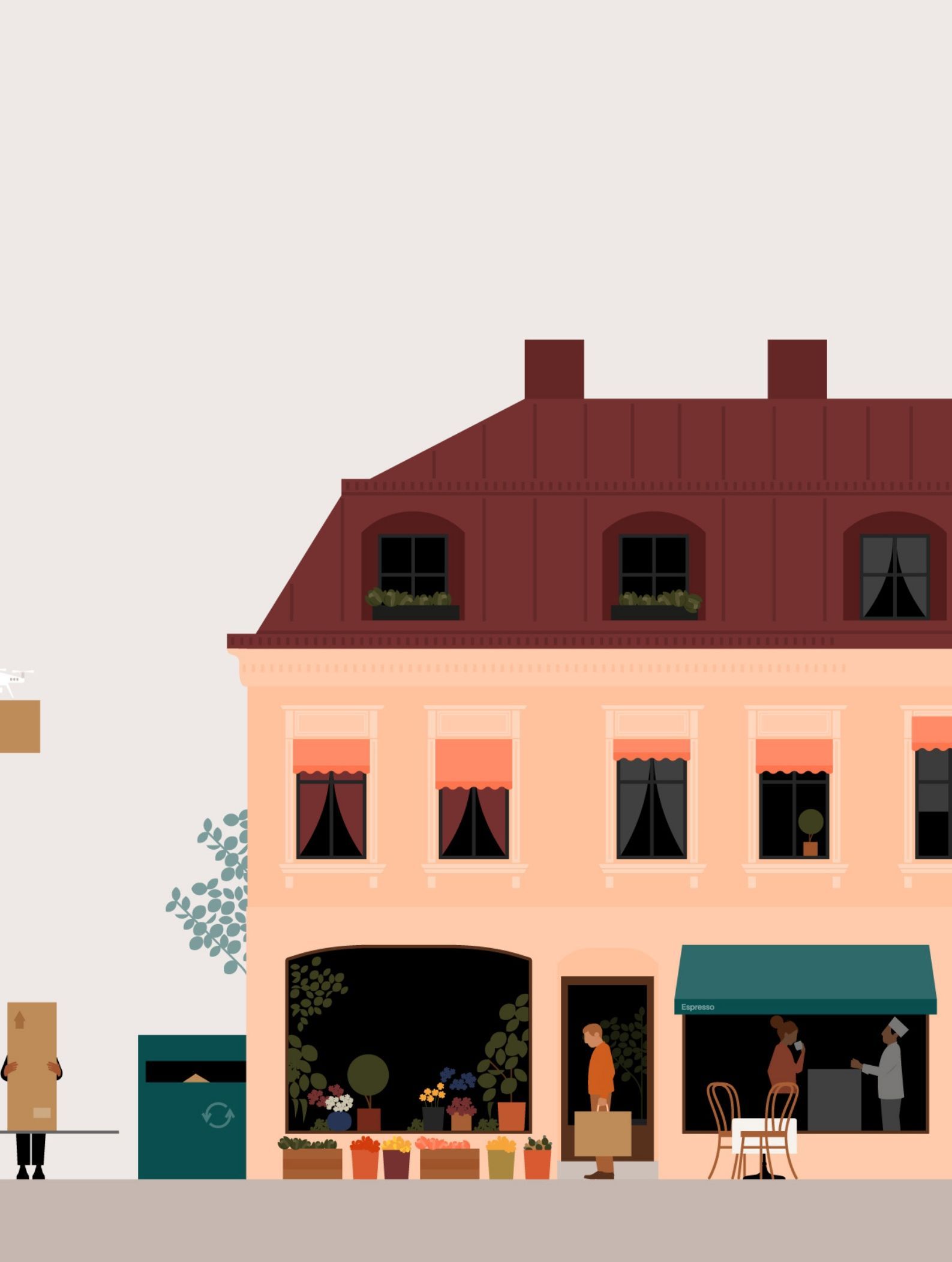 Illustration of a shop building with a café and people outside