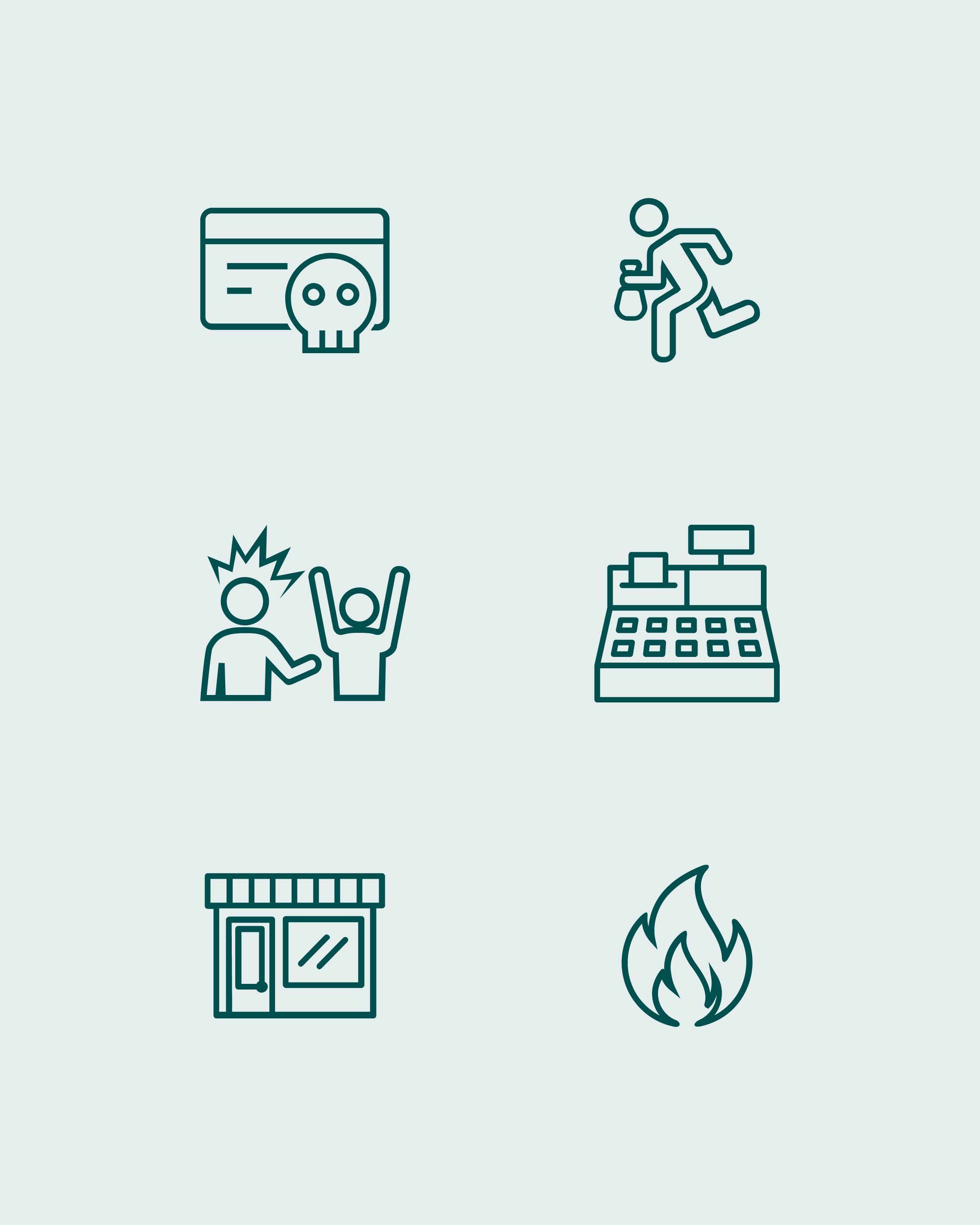 Säkerhetscenter icons for incident types: card fraud, theft, threats, robbery, break-in and fire