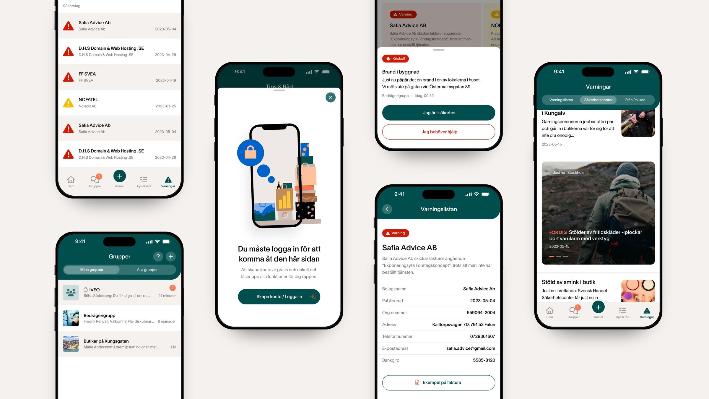 Säkerhetscenter app screens: warnings list, groups, login prompt and warning details