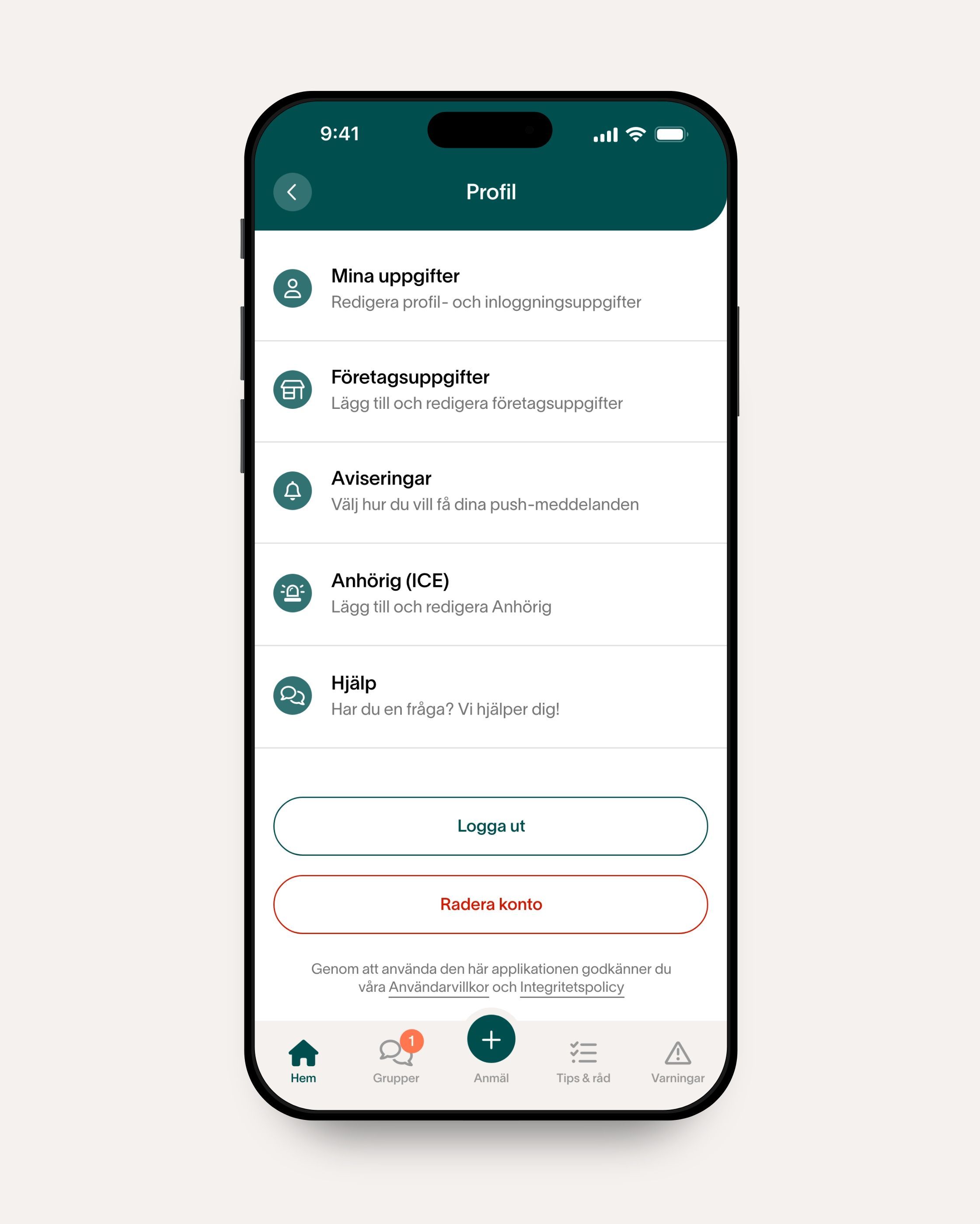 Profile page in the Säkerhetscenter app