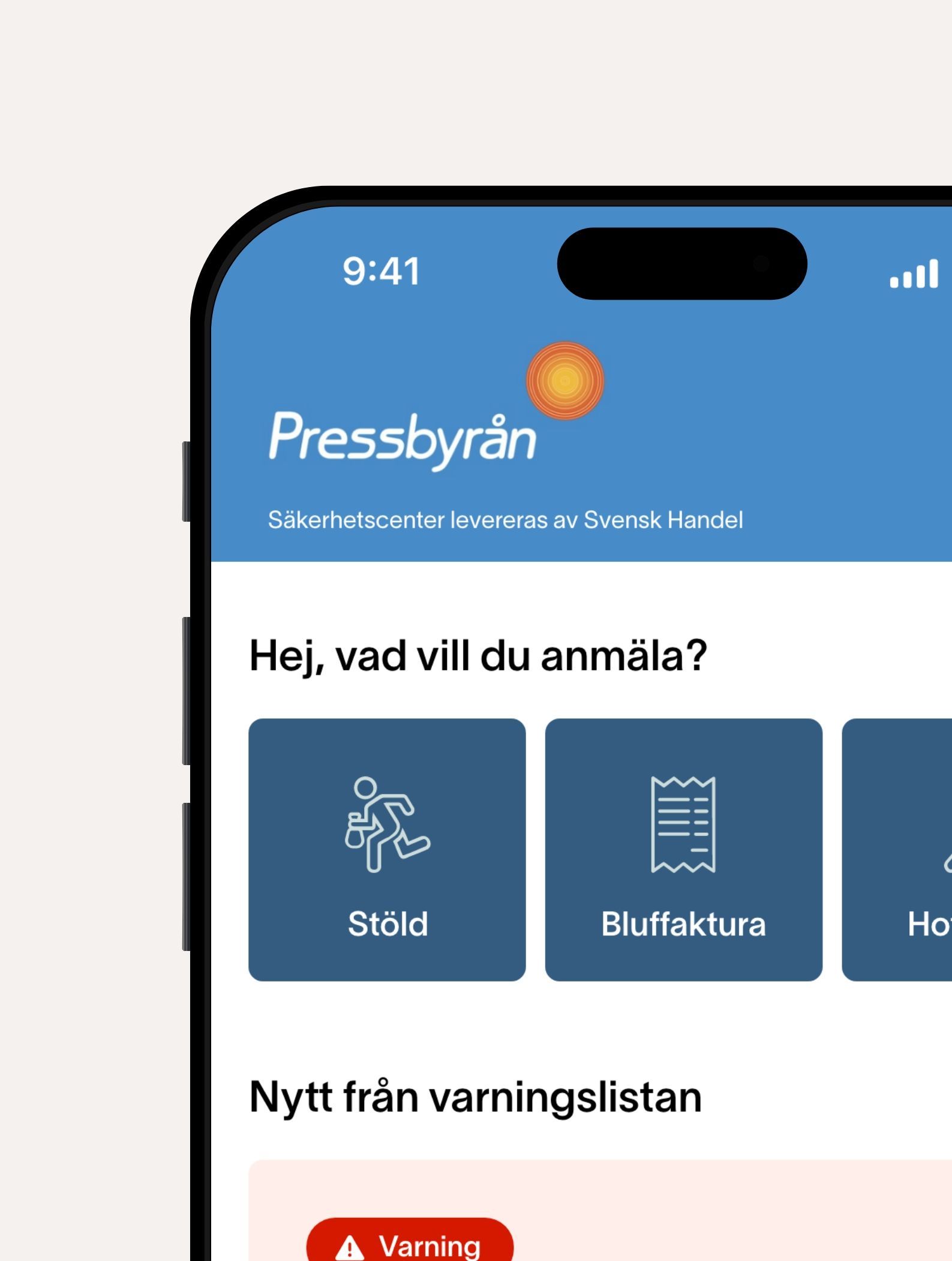 The Säkerhetscenter app with Pressbyrån branding, showing the report menu