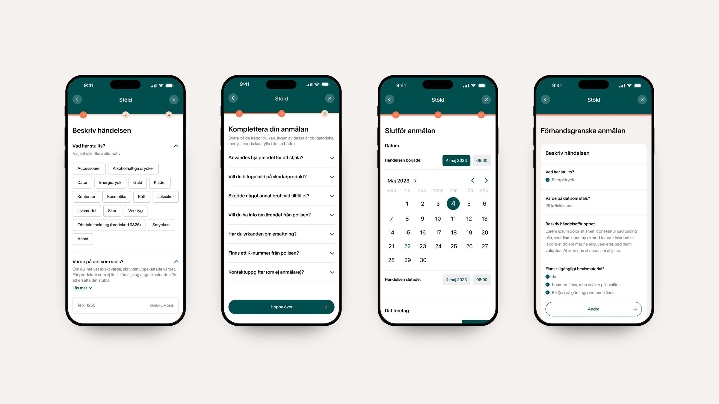 Säkerhetscenter app steps for reporting a theft: description, details, date and review